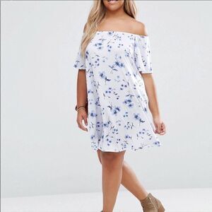 ASOS Size 12 Blue & White Floral Off the Shoulder Boho Shift Dress